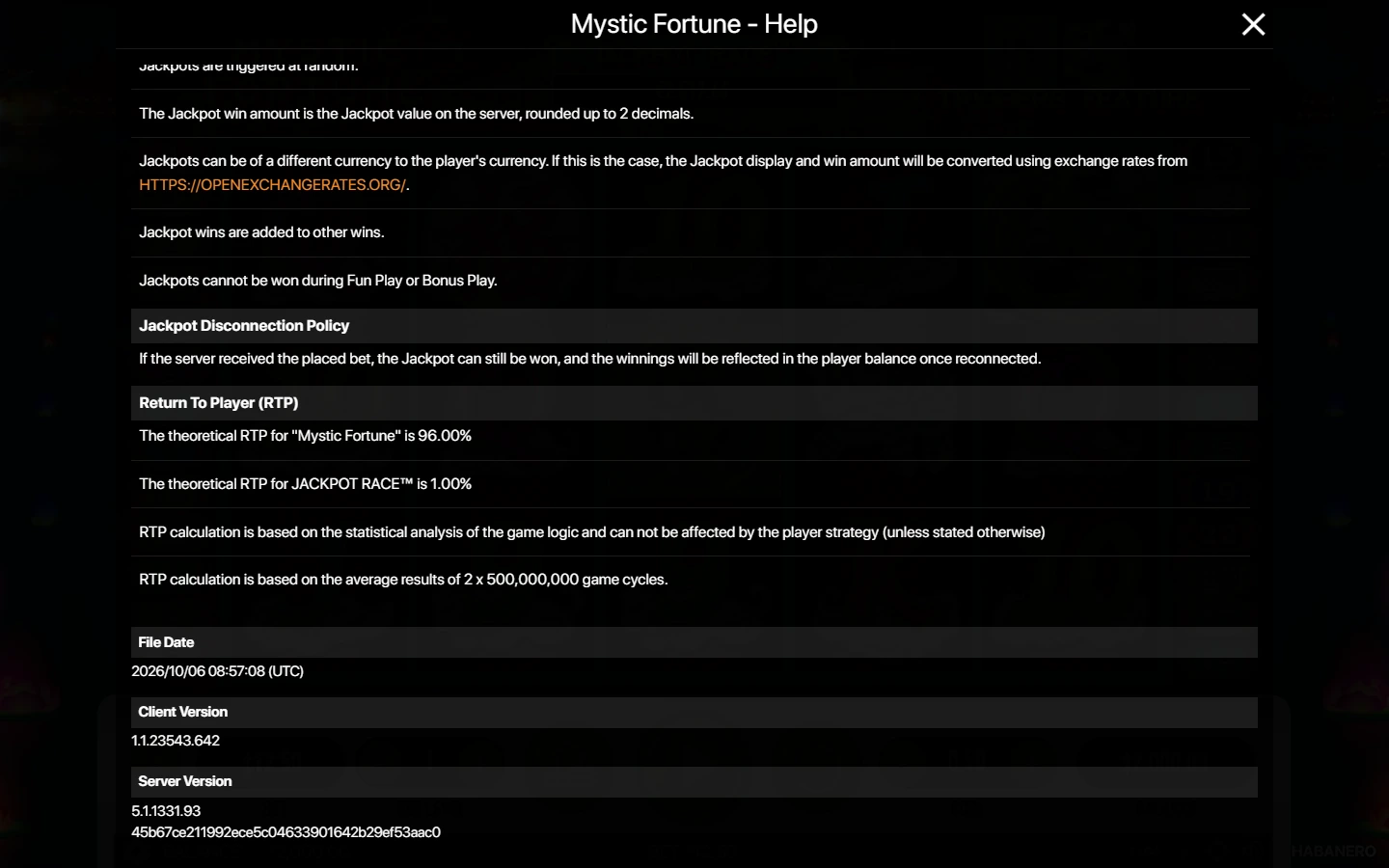 Actual original Mystic Fortune Help showing 96.00% theoretical RTP and average results of 2 x 500,000,000 game cycles Actual original Mystic Fortune Help showing 96.00% theoretical RTP and average results of 2 x 500,000,000 game cycles